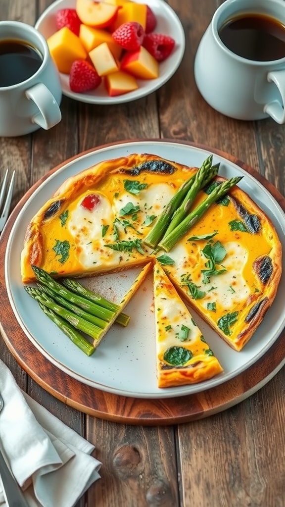 Asparagus and cheese frittata sliced into wedges on a wooden table with fruit and coffee.